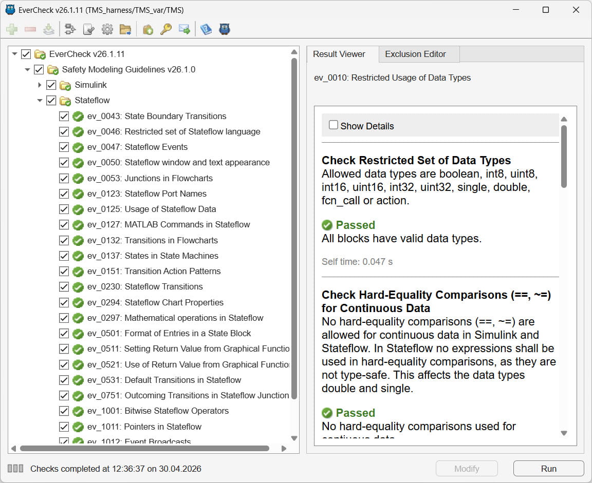 EverCheck GUI — static analysis results view in Simulink